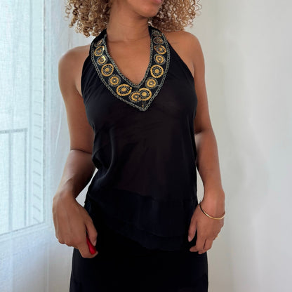 Vintage Black Gold Embroidered Sequin Halter Top Italian Y2K (S)