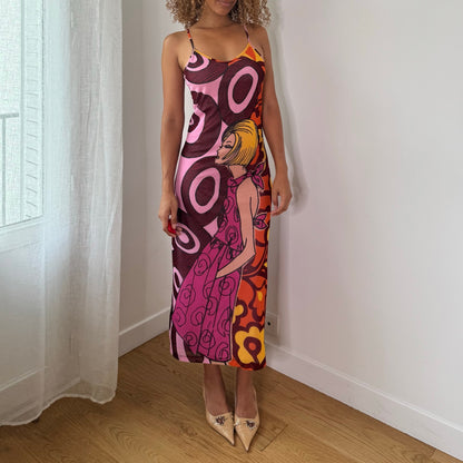 Vintage Morgan de Toi Pink Orange Women Graphic Mesh Maxi Dress Y2K (S)