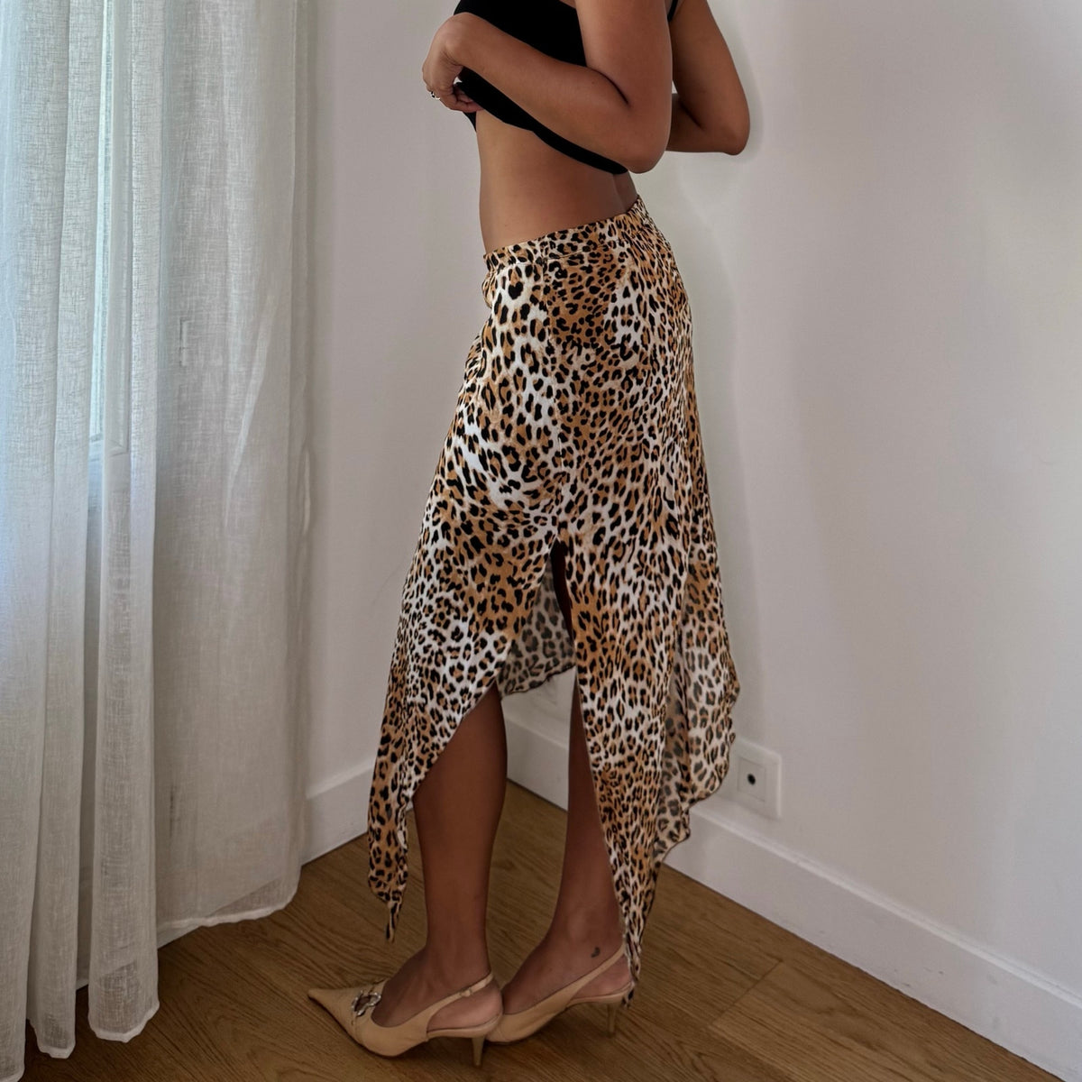 Vintage Leopard Print Asymmetric Mesh Midi Skirt (S)