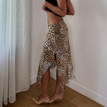 Vintage Leopard Print Asymmetric Mesh Midi Skirt (S)
