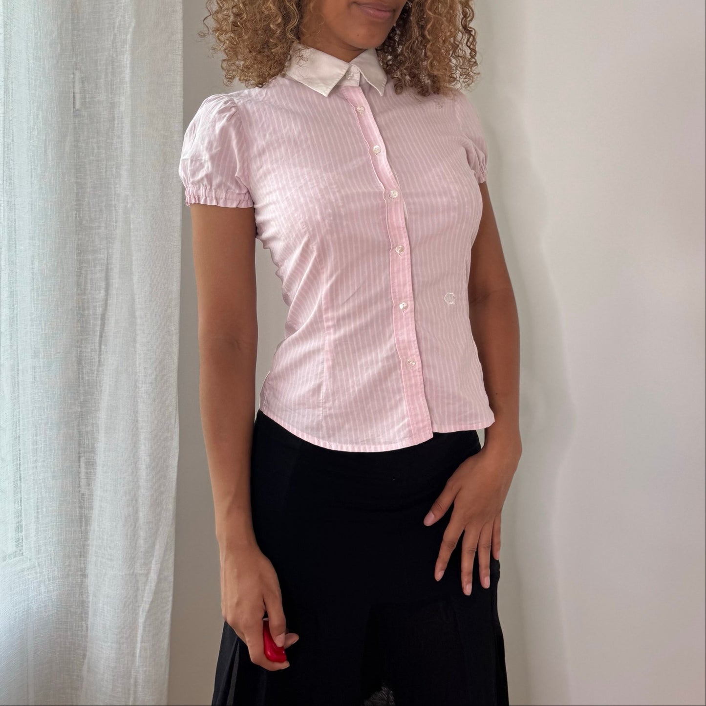Vintage Pink White Striped Puff Sleeve Blouse Y2K (S)