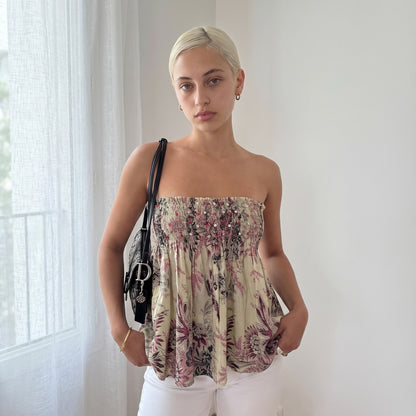 Vintage Floral Sequin Smocked Bandeau Babydoll Top Euro Y2K (S/M)