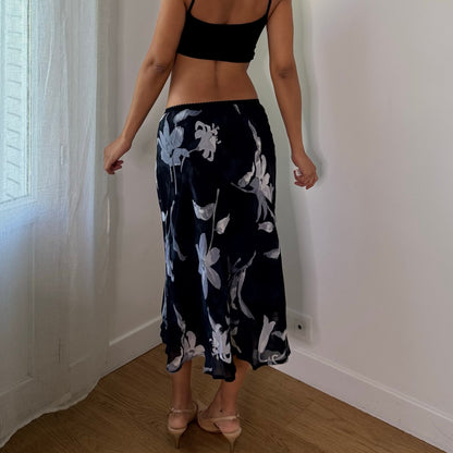 Vintage Italian Black Blue Floral Sheer Mesh Midi Skirt (S)