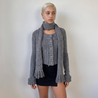 Vintage French grey cable knit cardigan with matching scarf and fringe hem (S)
