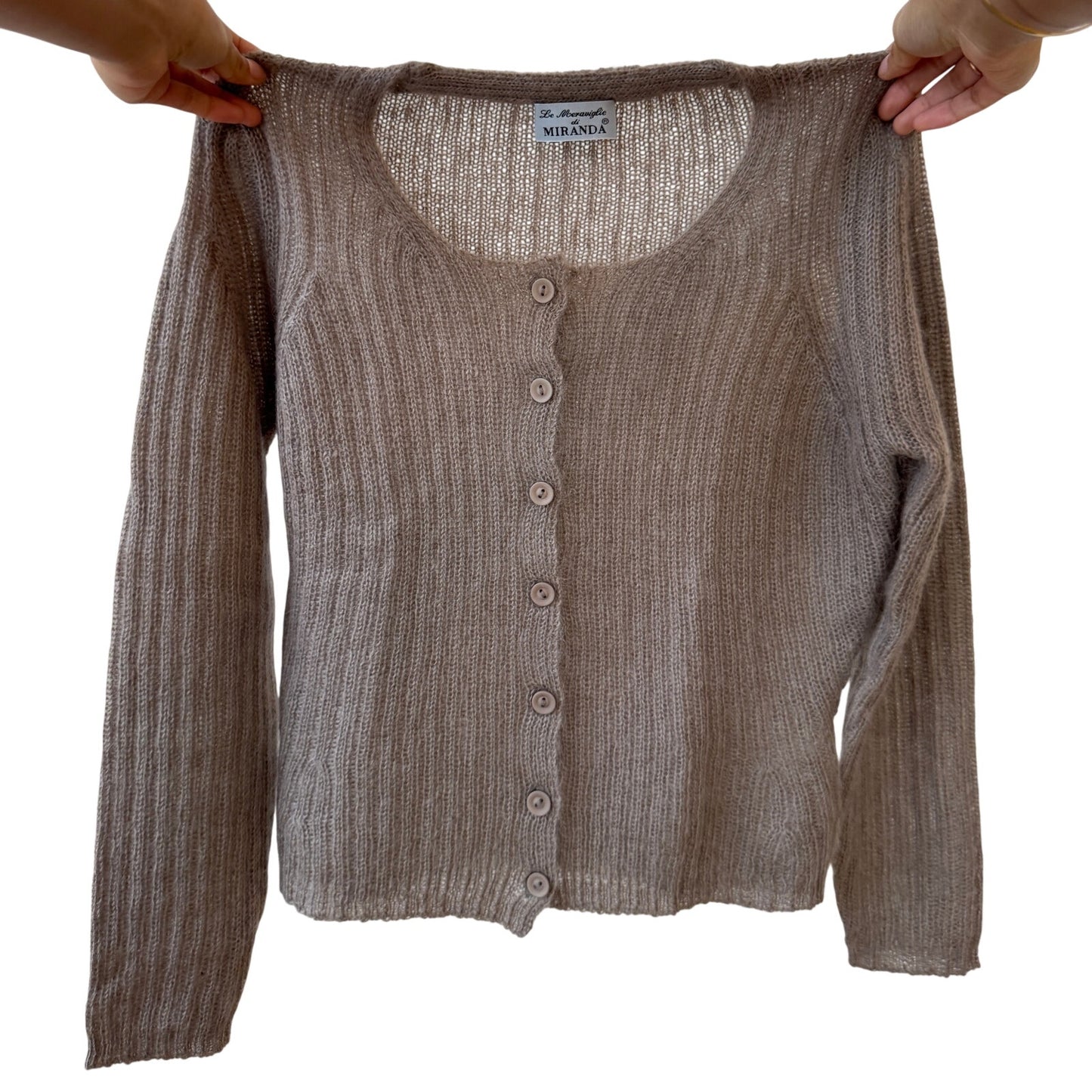Italian Vintage taupe ribbed mohair-blend knit button-front cardigan (Medium)