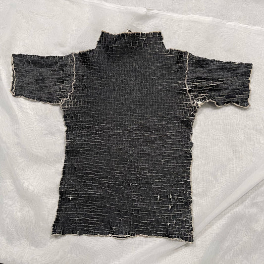 Vintage Black & Beige Textured T-Shirt (XS-S) High Neck Made in USA