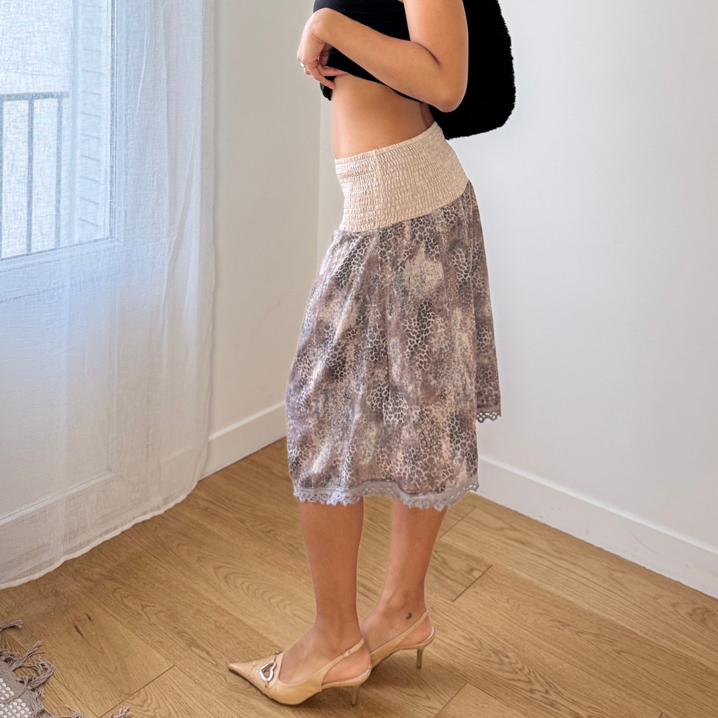 Vintage Euro Snake Print Mesh Midi Skirt Sheer Layered Hem (S)