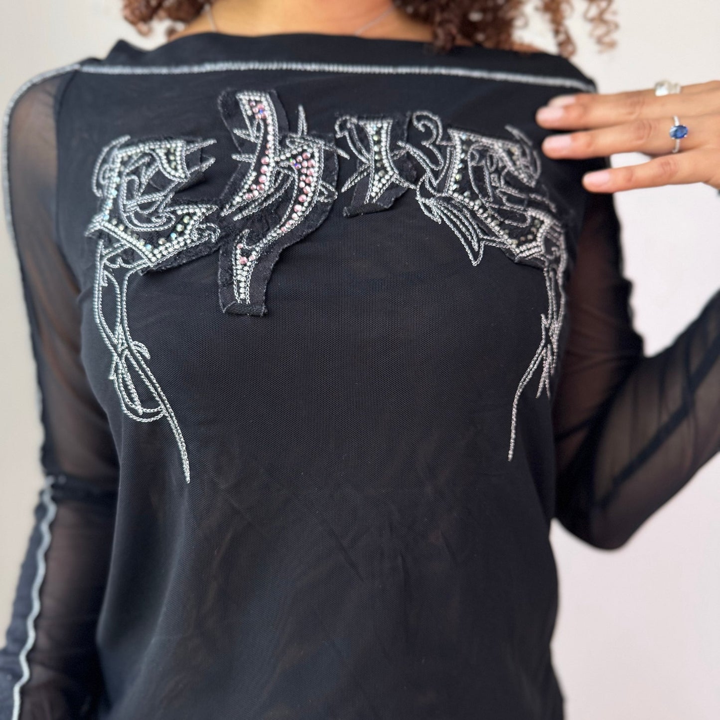 Vintage Black Mesh Rhinestone Graphic Top Sheer Y2K Euro (S/M)