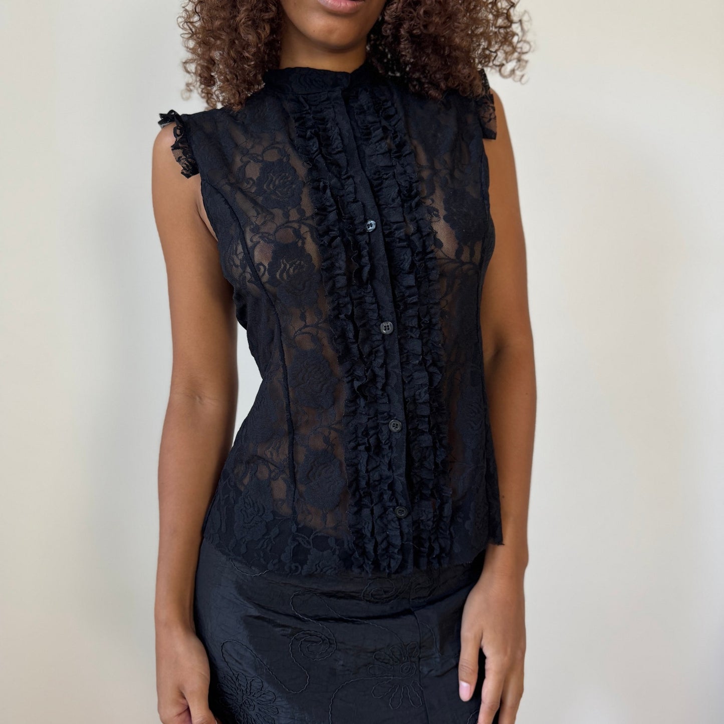Vintage Italian sheer black lace ruffle button-up top (S/M)