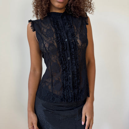 Vintage Italian sheer black lace ruffle button-up top (S/M)