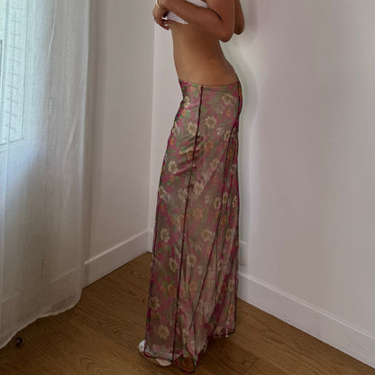 Vintage Pink Green Floral Silk Mesh Maxi Skirt Italian Y2K (S/M)