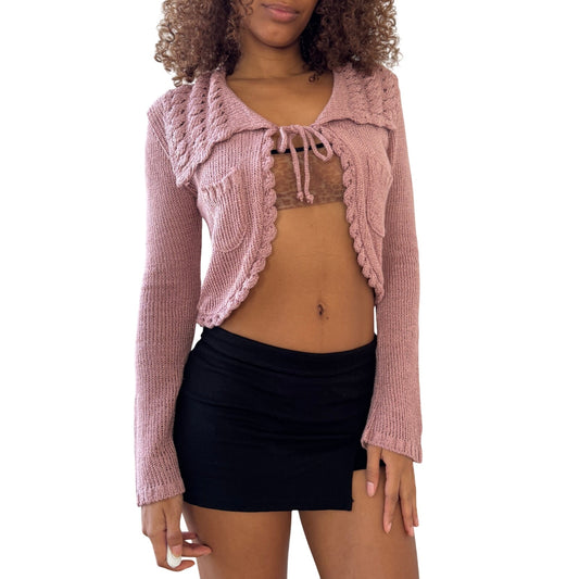 Vintage French pink knit cropped cardigan with scalloped trim & tie-front (Small)