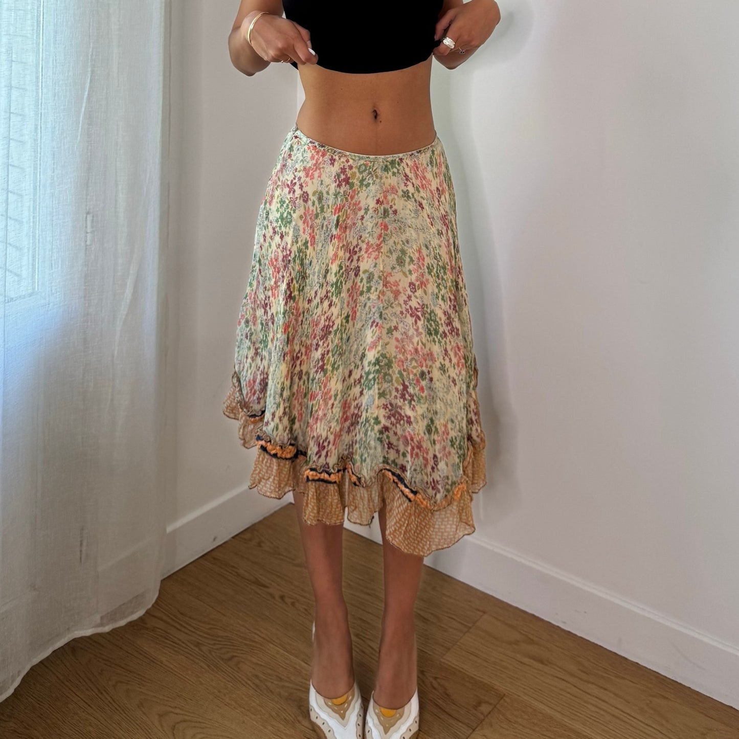Vintage Tricot Chic Floral Silk Ruffle Midi Skirt Italian Y2K (XS/S)