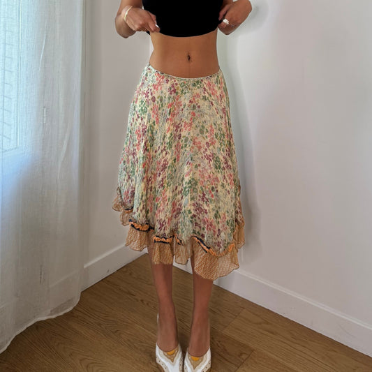 Vintage Tricot Chic Floral Silk Ruffle Midi Skirt Italian Y2K (XS/S)