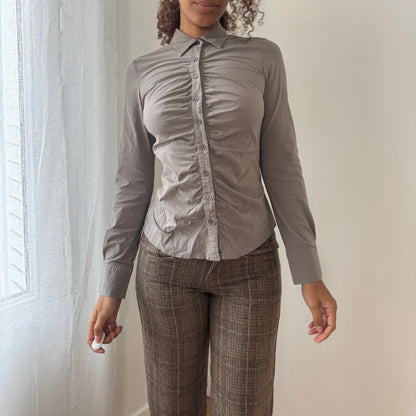 Vintage French grey ruched button-up shirt (XS/S)