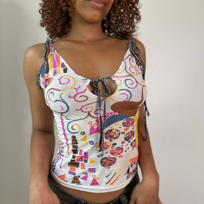 Vintage White Pink Abstract Print Mesh Tie Strap Top Y2K (S)