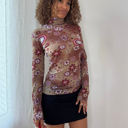 Vintage Taupe Burgundy Pink Floral Mesh Turtleneck Top Euro Y2K (M)