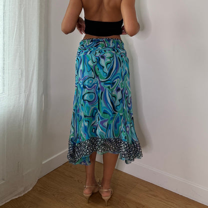 Vintage Blue Psychedelic Silk Mesh Midi Skirt Italian Y2K Tie Waist Skirt (S)