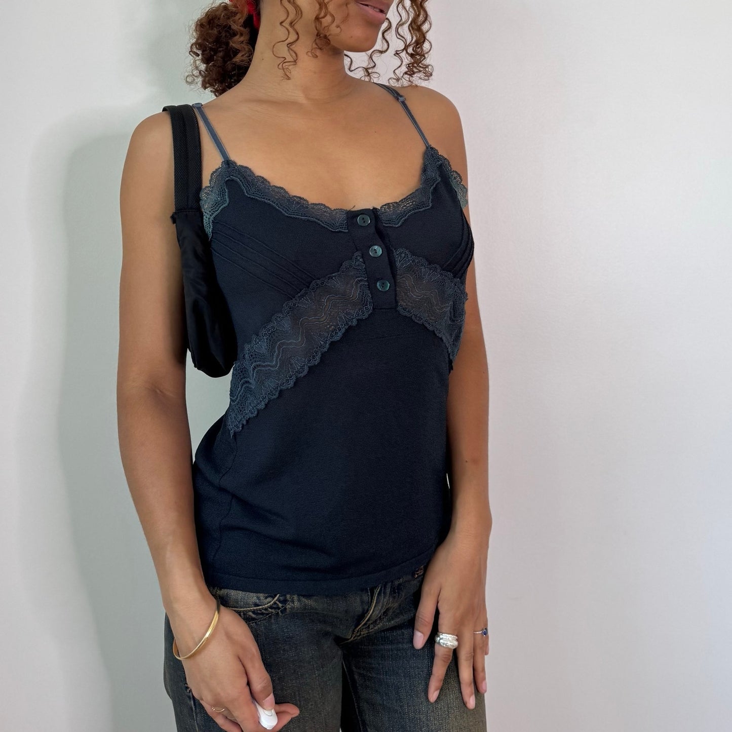 Vintage Navy Blue Lace Button Knit Cami Top Italian Y2K (S/M)
