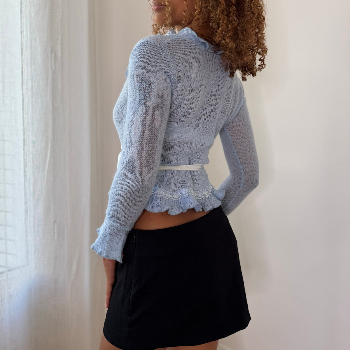 French Vintage Baby Blue Sheer Wool Knit Wrap Cardigan with Ruffle Lace Trim & Satin Tie