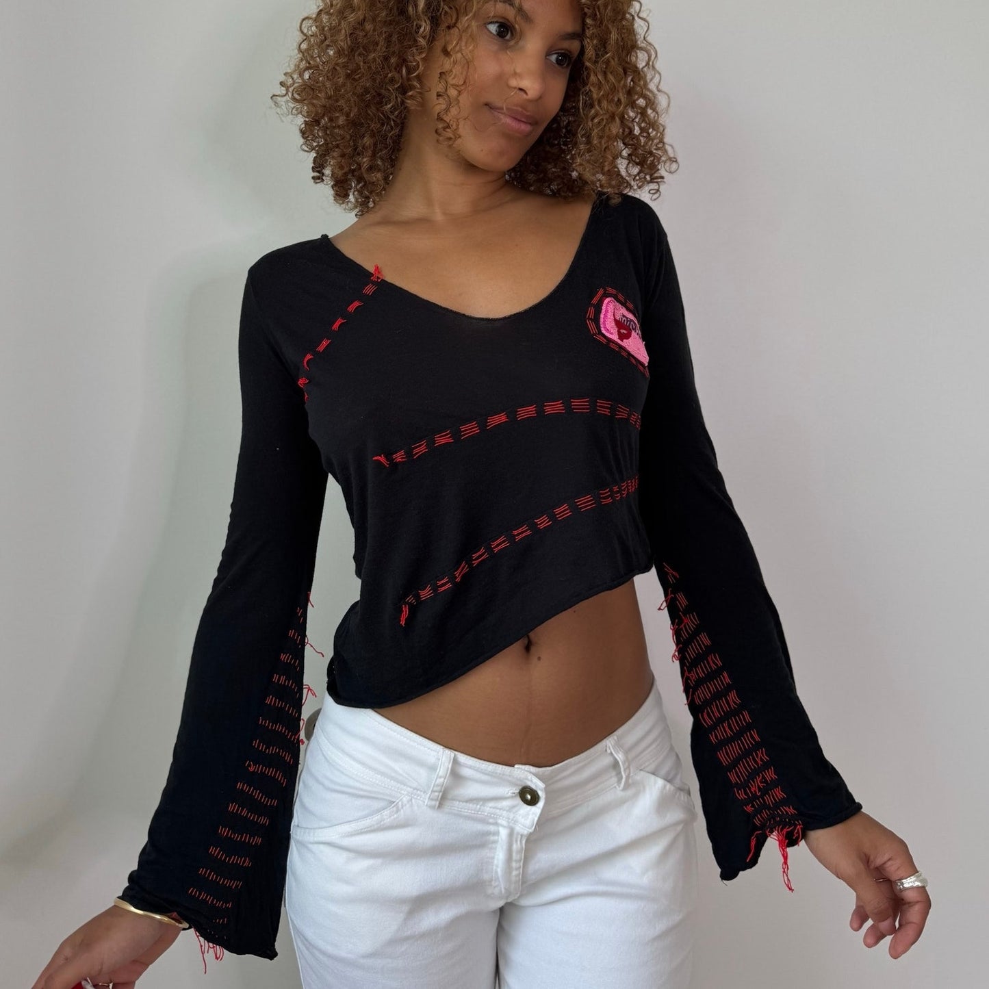 Vintage Black Red Custo Barcelona Bell Sleeve Slinky Top Graphic Patch Y2K (S/M)