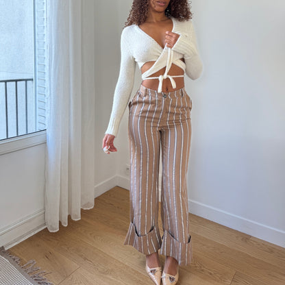 Vintage Italian tan striped high-waisted trousers with shimmer detail (XS)