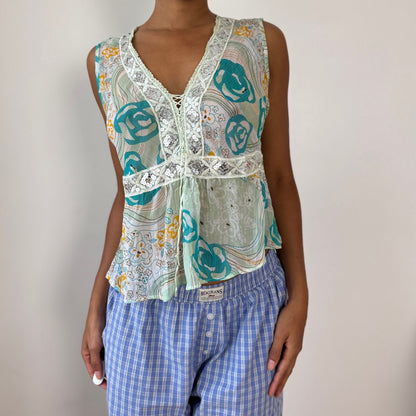 Vintage Italian Sequin-Lace Mesh Tie-Front Top (M/L)