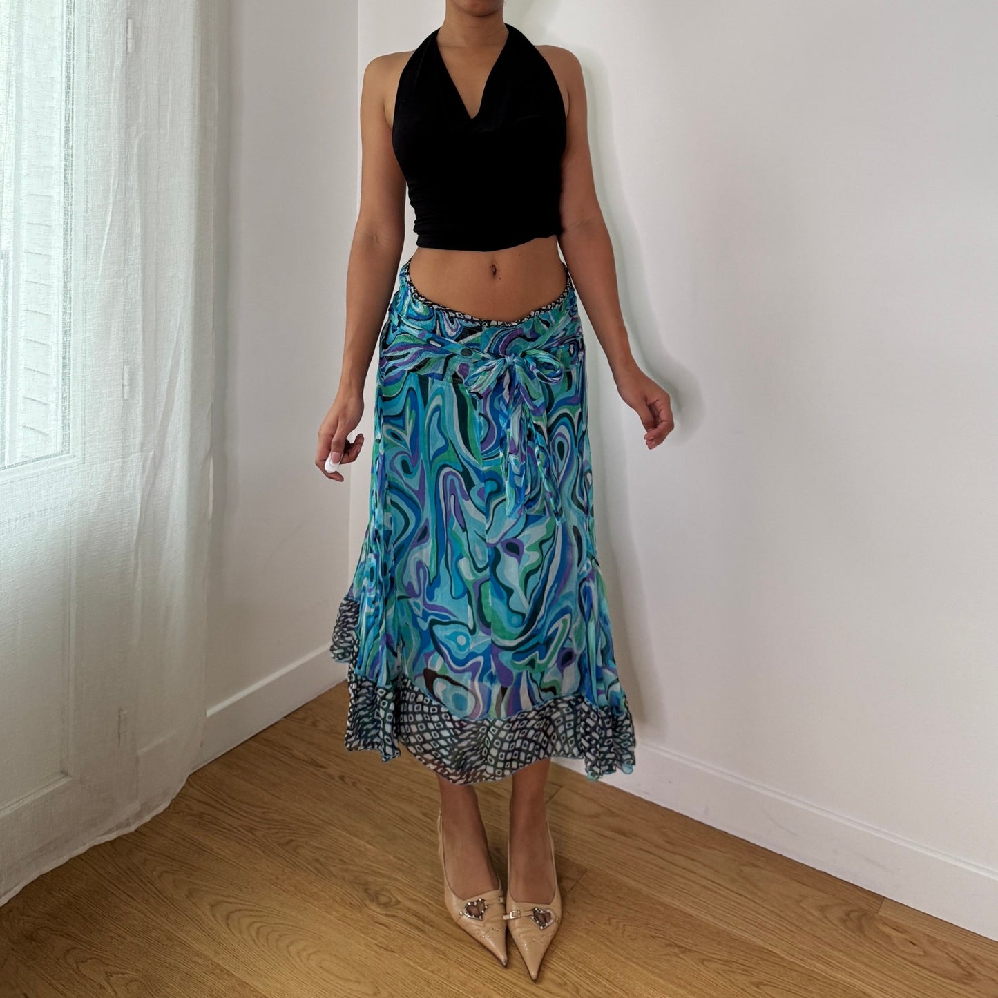 Vintage Blue Psychedelic Silk Mesh Midi Skirt Italian Y2K Tie Waist Skirt (S)