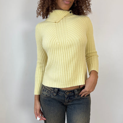 Vintage Yellow Ribbed Knit Merino Wool Sweater Foldover Neck Italian Y2K (S)