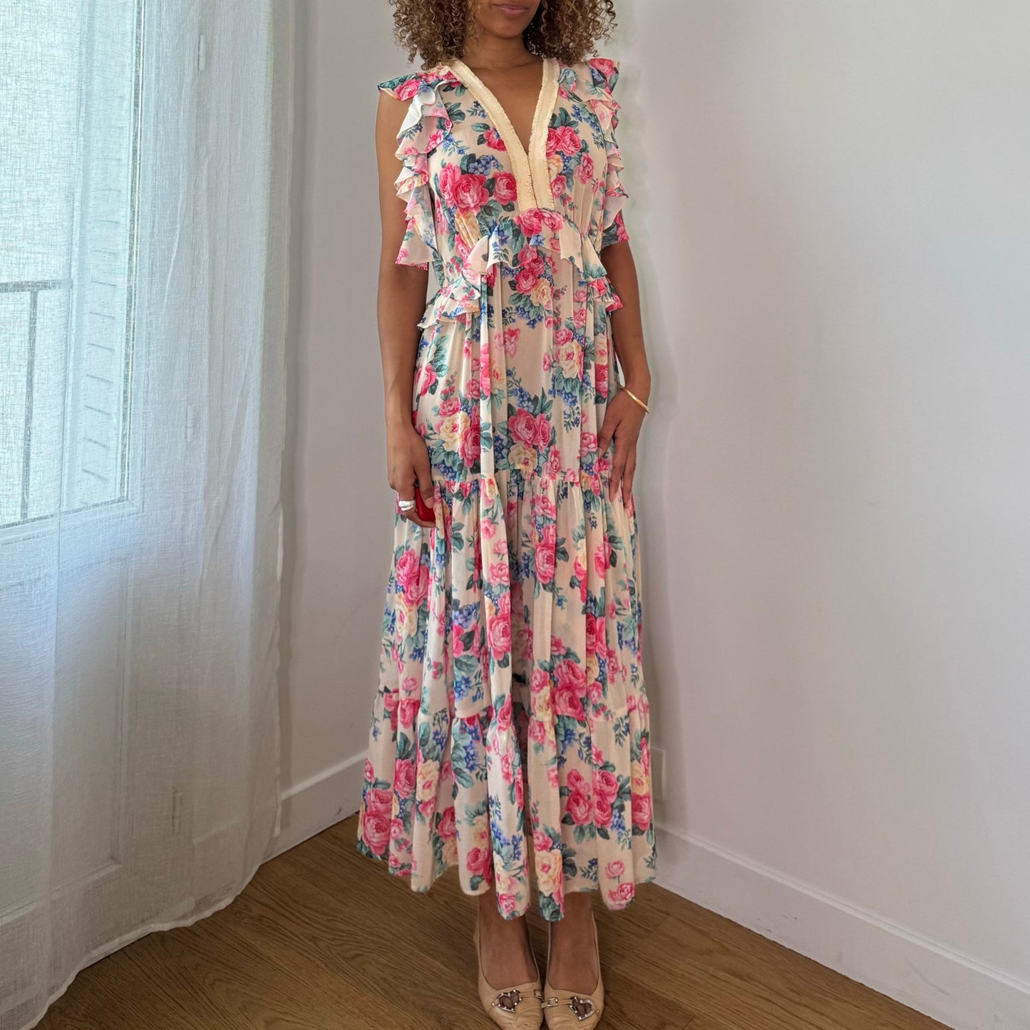 Vintage Twin Set Cream Pink Floral Mesh Maxi Dress Ruffle Tiered Romantic Y2K (S/M)