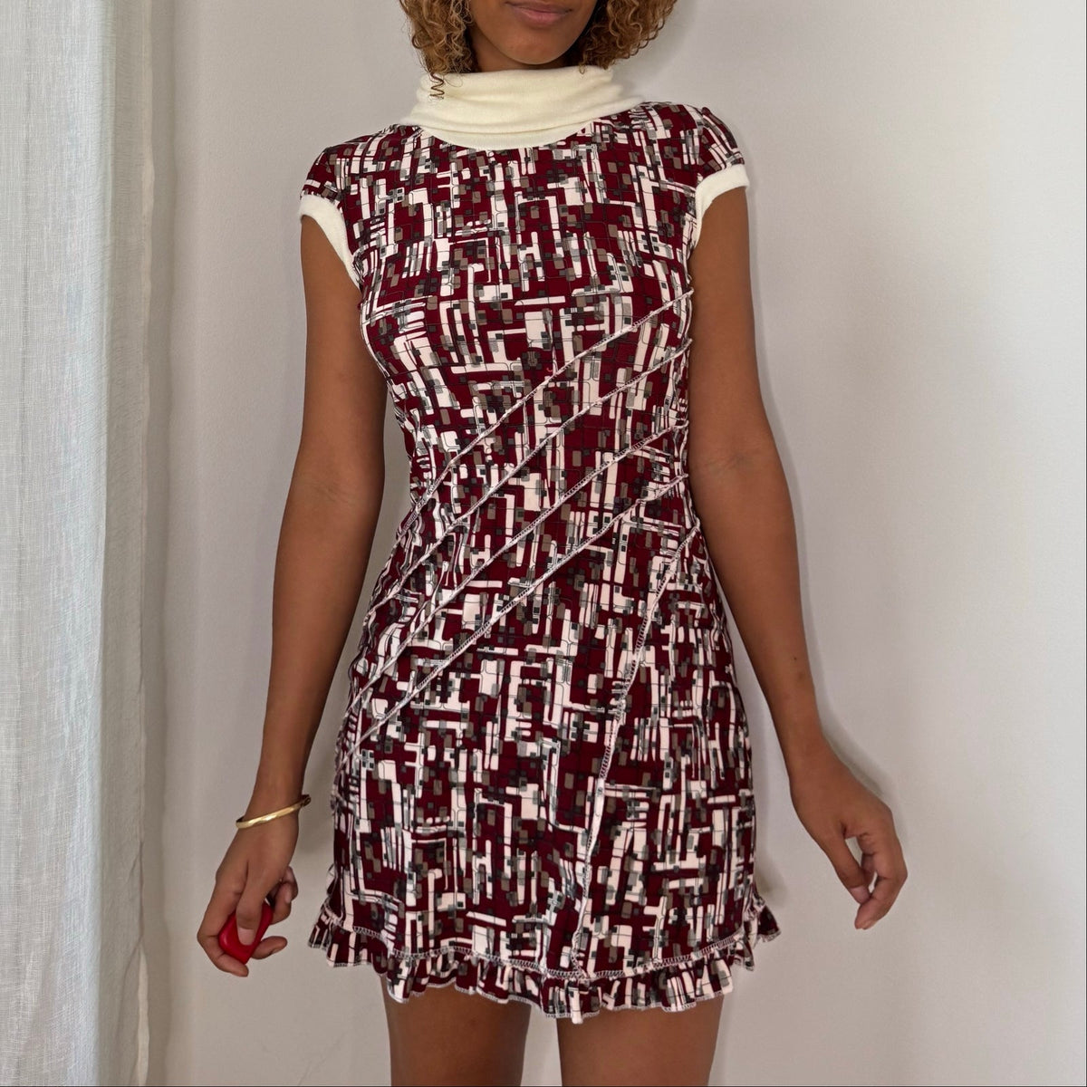 Italian vintage 2000s burgundy cream & black geometric print slinky mini dress with knit turtleneck