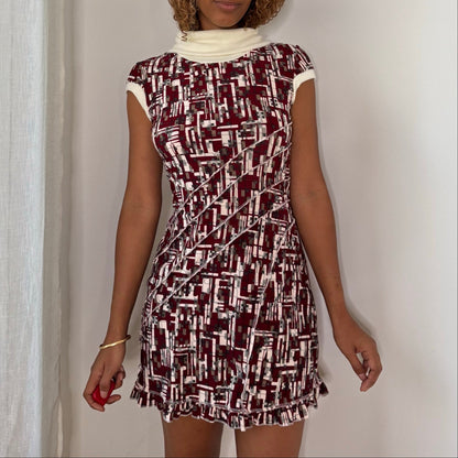 Italian vintage 2000s burgundy cream & black geometric print slinky mini dress with knit turtleneck