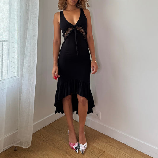 Vintage Black Crochet Cutout Ruffle Midi Dress Italian Y2K (S)