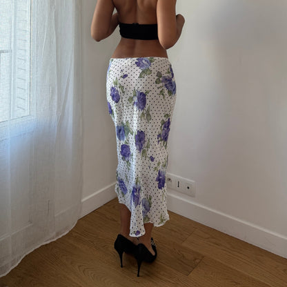 Vintage White Floral Polka Dot Mesh Midi Skirt Purple Rose Y2K French 100% Viscose (S)