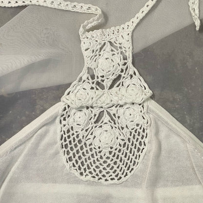 Italian Vintage 00s white knit high neck tank with crochet cutout details (S)