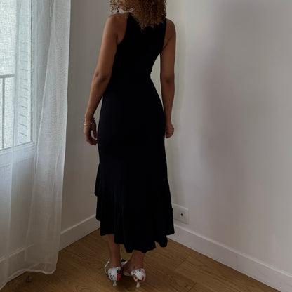 Vintage Black Crochet Cutout Ruffle Midi Dress Italian Y2K (S)