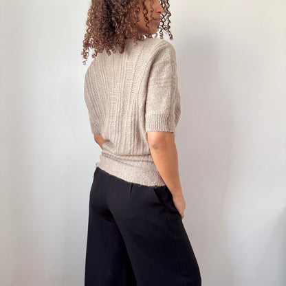 Vintage Italian Beige Mohair Blend Knit Top Short Sleeve Textured Fitted (M)
