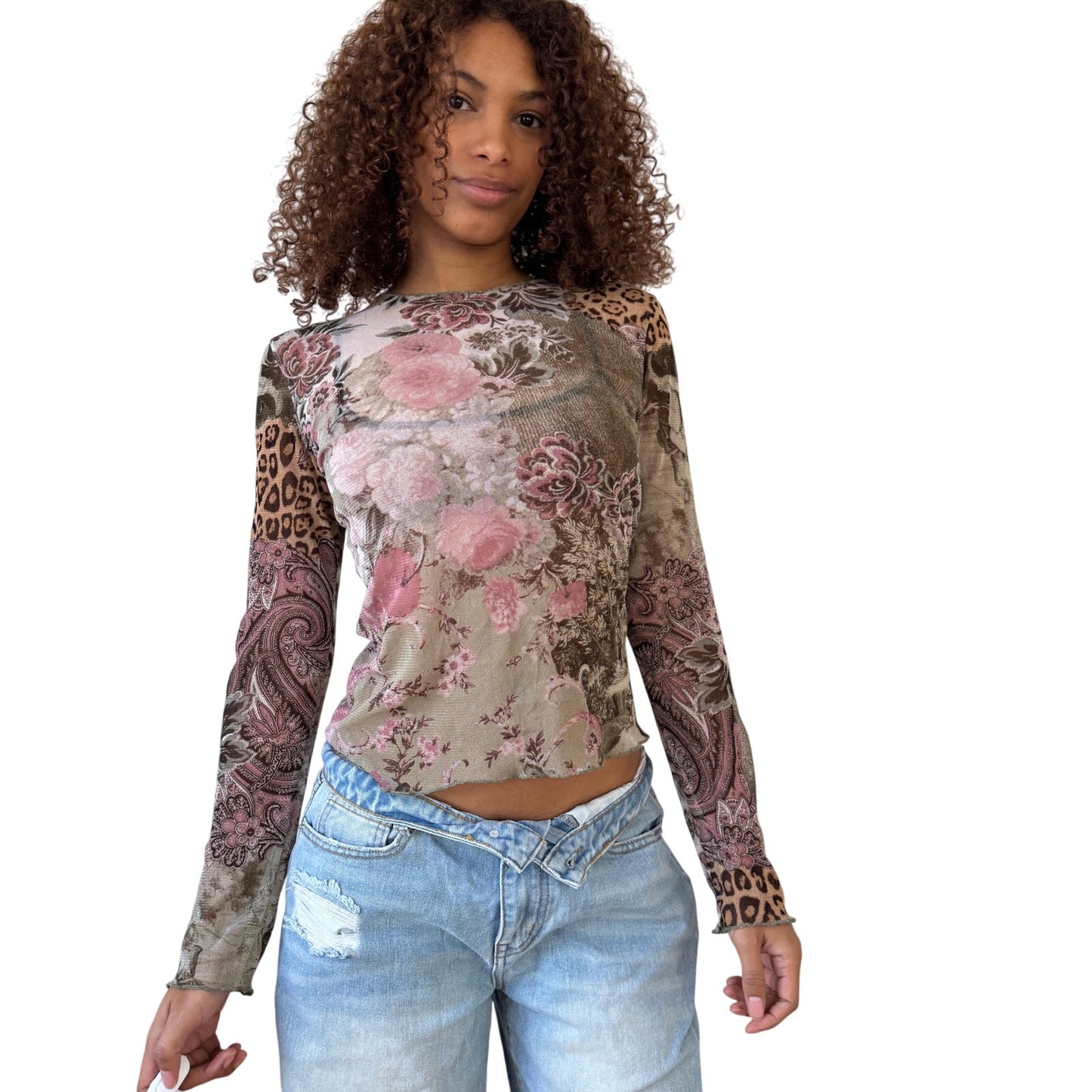 Vintage French mesh long sleeve top with floral, paisley & leopard print S