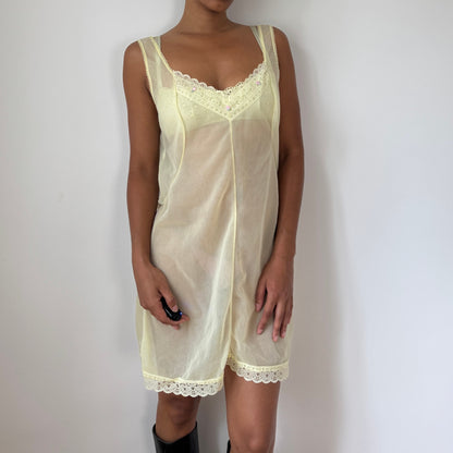 Vintage 80s Sheer Ivory Slip Dress Lace Trim Nightgown Mini (S/M)