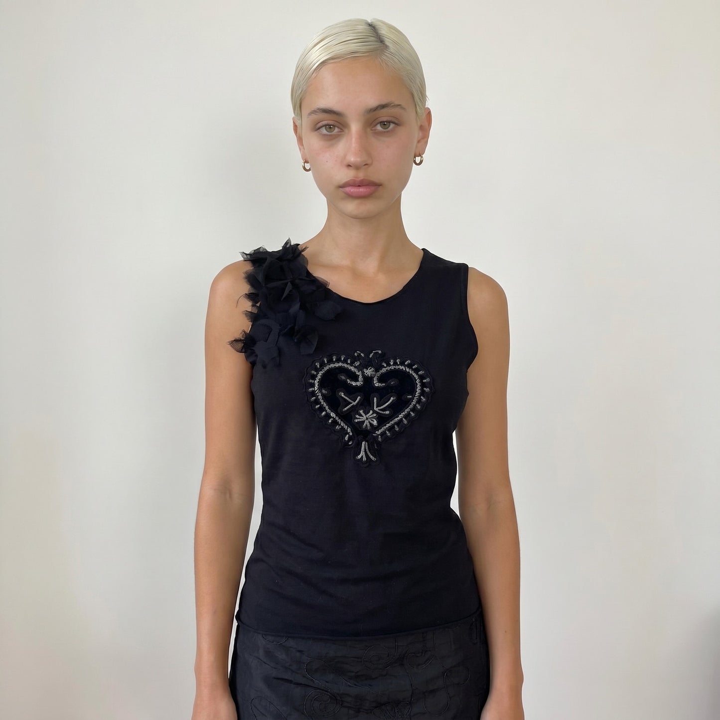 Vintage Italian Black Beaded Heart Top Sequin Embellished Y2K Sleeveless (M)