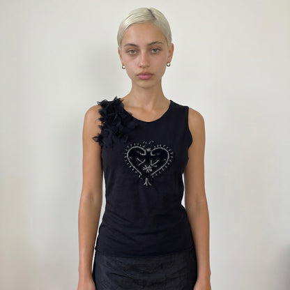 Vintage Italian Black Beaded Heart Top Sequin Embellished Y2K Sleeveless (M)