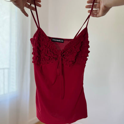 Vintage Burgundy Slinky Cami & Mini Skirt Set Ruffle Y2K (XS/S)