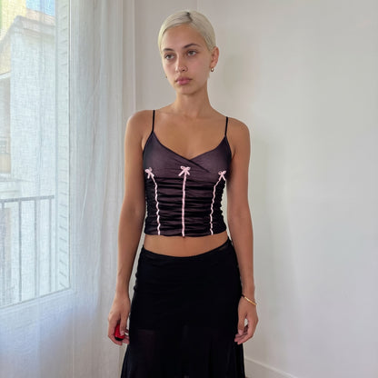 Vintage Italian Pink Black Ruched Mesh Cami Top Y2K (S)