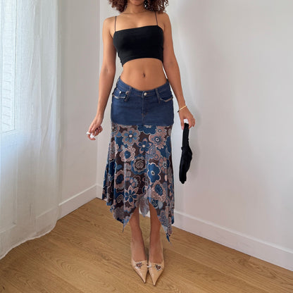 Vintage Denim Waistband Floral Mesh Midi Skirt Saxx Jeans Y2K (S)