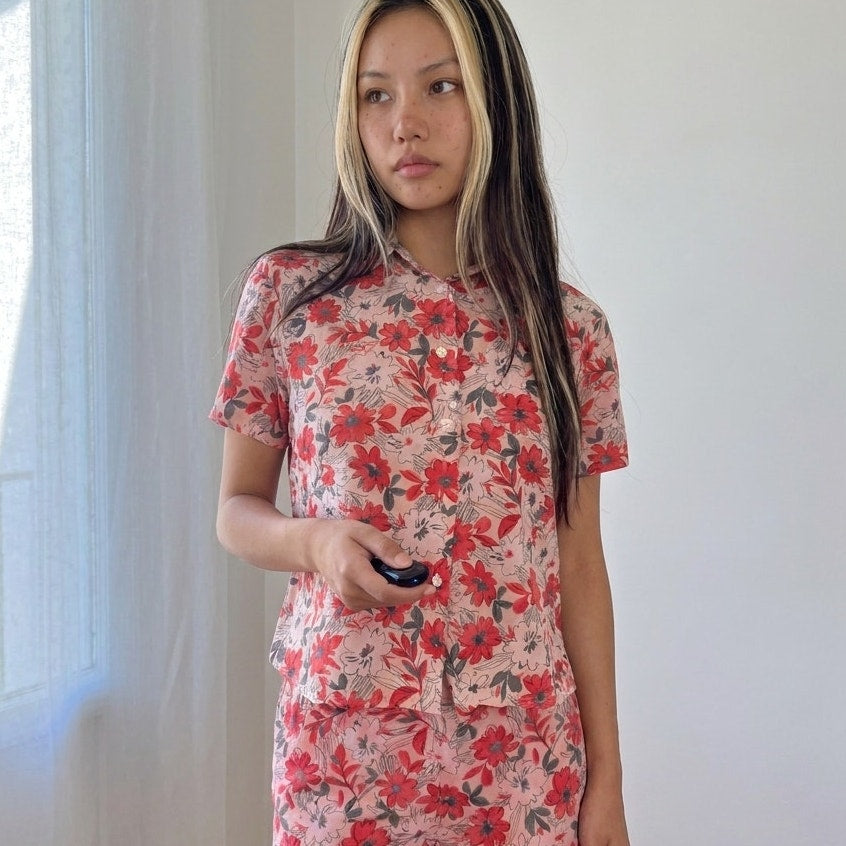Vintage Pink Red Floral Silk Co-Ord Set by Marella (S) ⠀