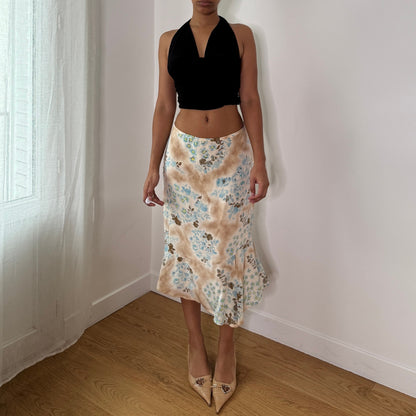 Vintage Beige Blue Floral Silk Mesh Midi Skirt Gerard Darel Bias Cut Skirt (S) ⠀