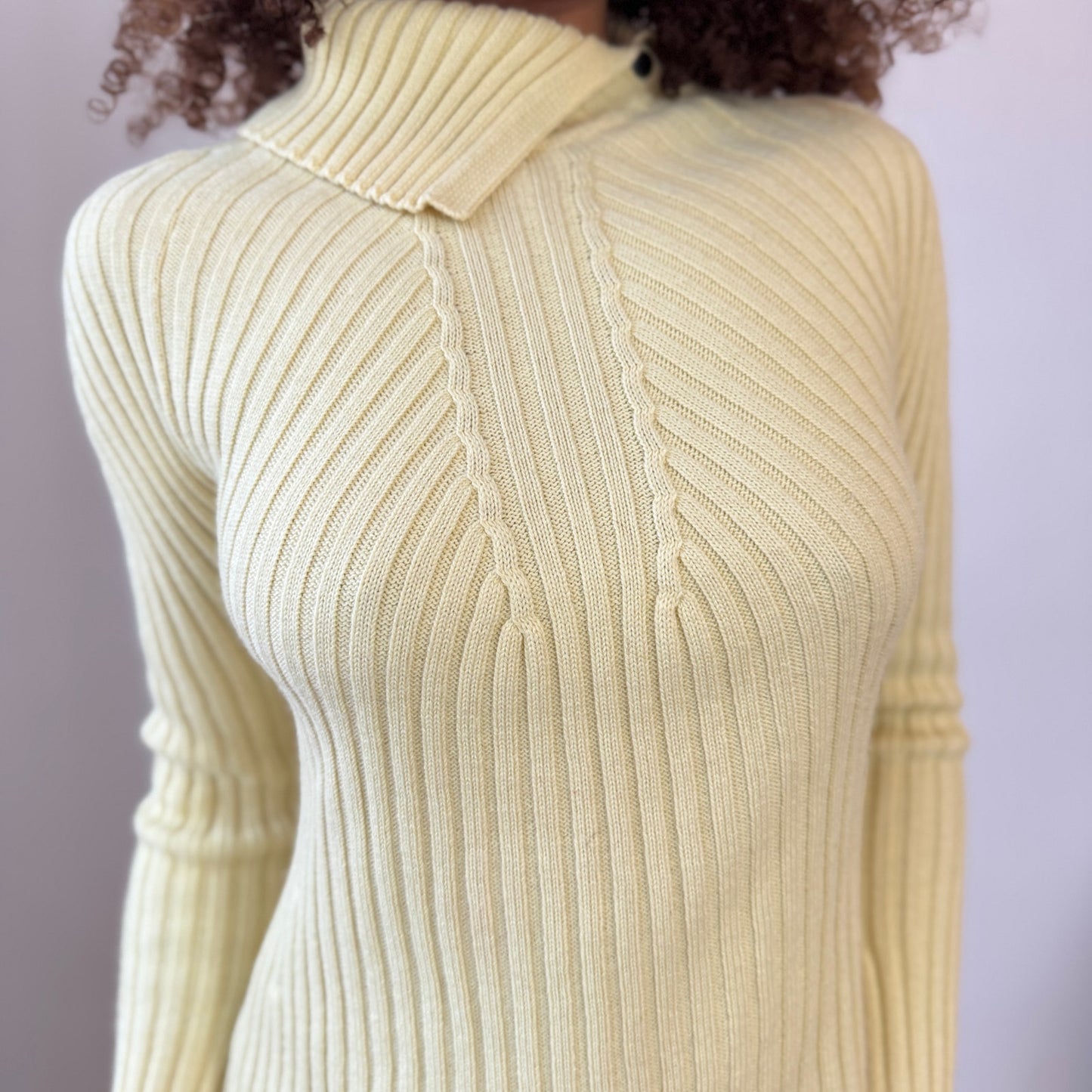 Vintage Yellow Ribbed Knit Merino Wool Sweater Foldover Neck Italian Y2K (S)