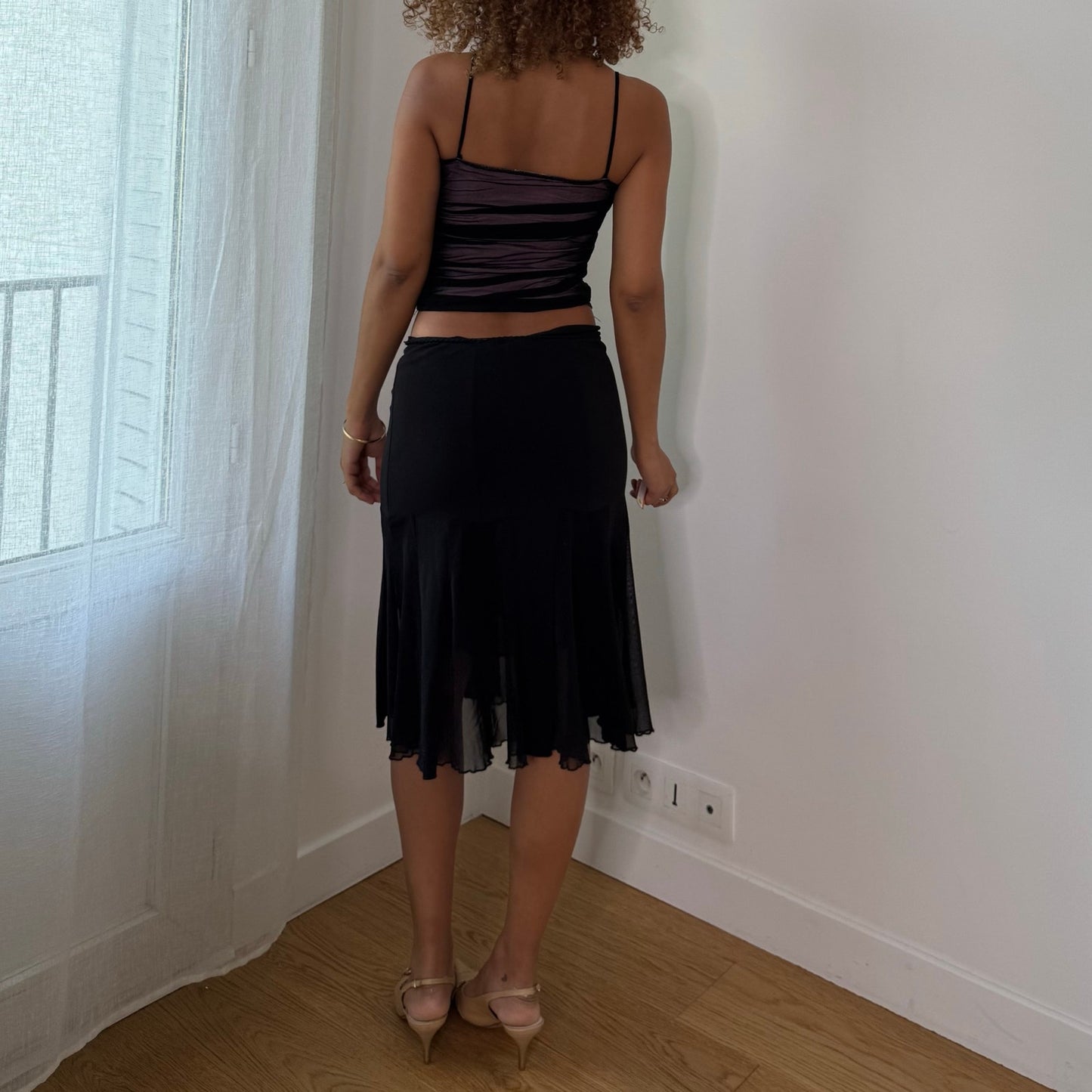 Vintage Pink & Black Ruched Mesh Cami Top Bow Detail Italian Y2K (S)