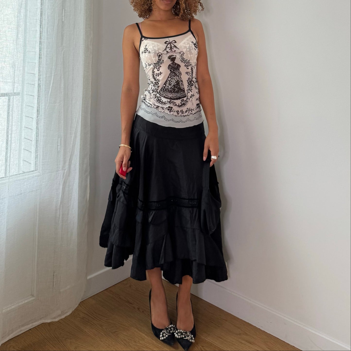 Vintage Black & White Toile Mesh Cami Top Sheer Italian Y2K (S)