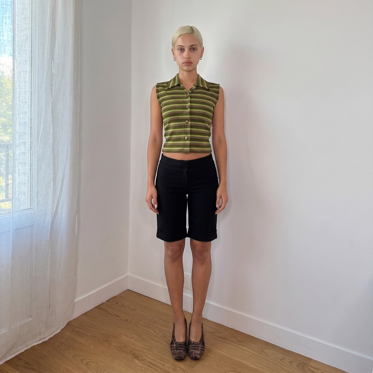Vintage Green Stripe Sleeveless Cropped Shirt 90s Italian (S)
